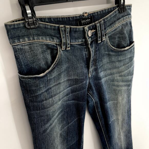 Escada Sport Selvedge Skinny Jeans Women Sz 36 / US 6 Blue Back Tie Flap Pockets - Picture 2 of 14